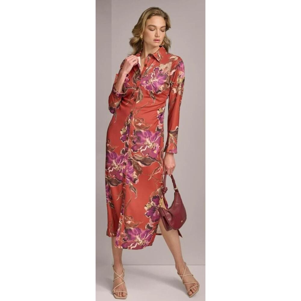Donna Karan New York Orange Floral Print Button Front Midi Shirt Dress Womens 14 - Picture 11 of 11